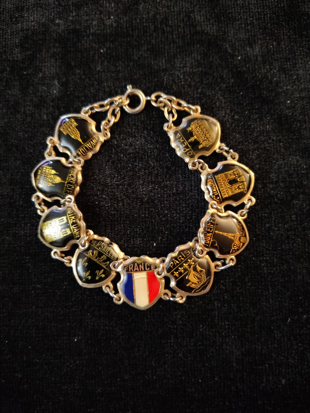 Vtg. 1930's Paris France, Enameled Souvenir Shield Bracelet